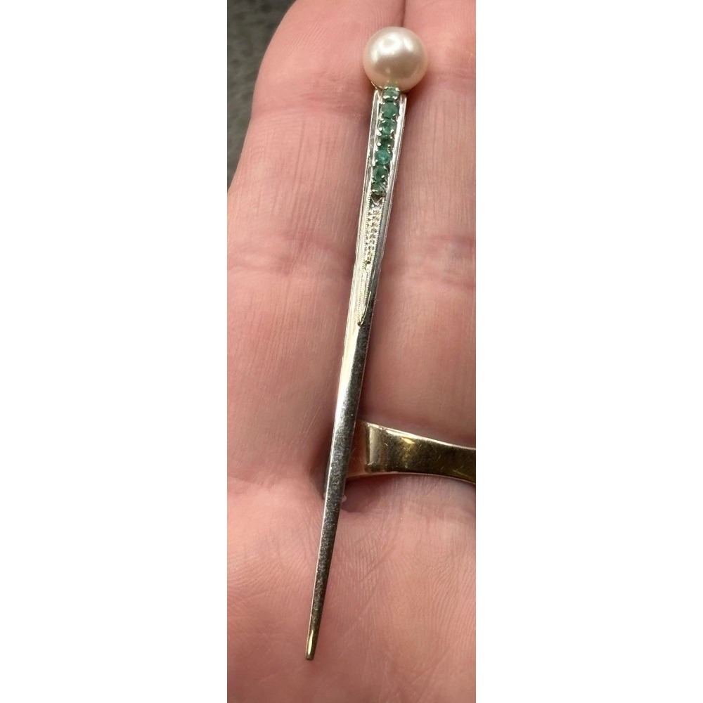 VTG Unique 14K White Gold Pearl Green Stone Brooch Comet Shape Trombone Clasp